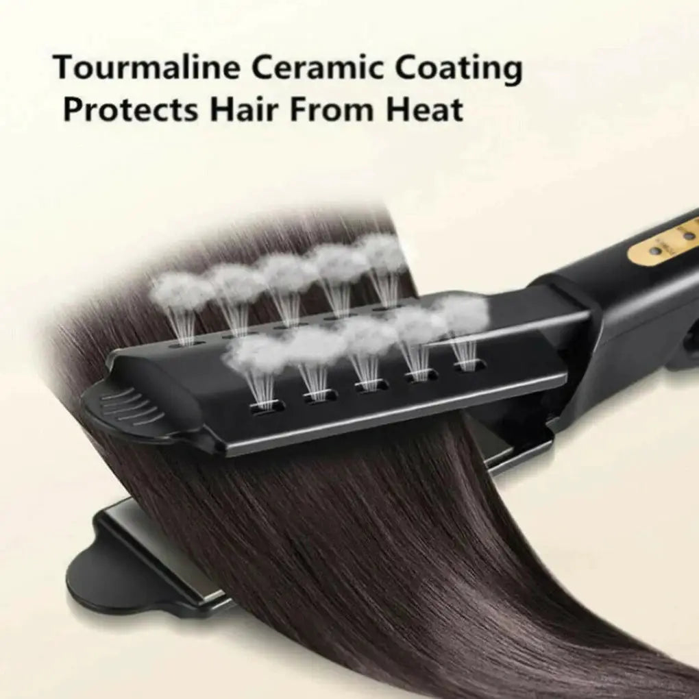 Hair straightener with wide ceramic tourmaline plates in black finish, designed for smooth, damage-free styling.