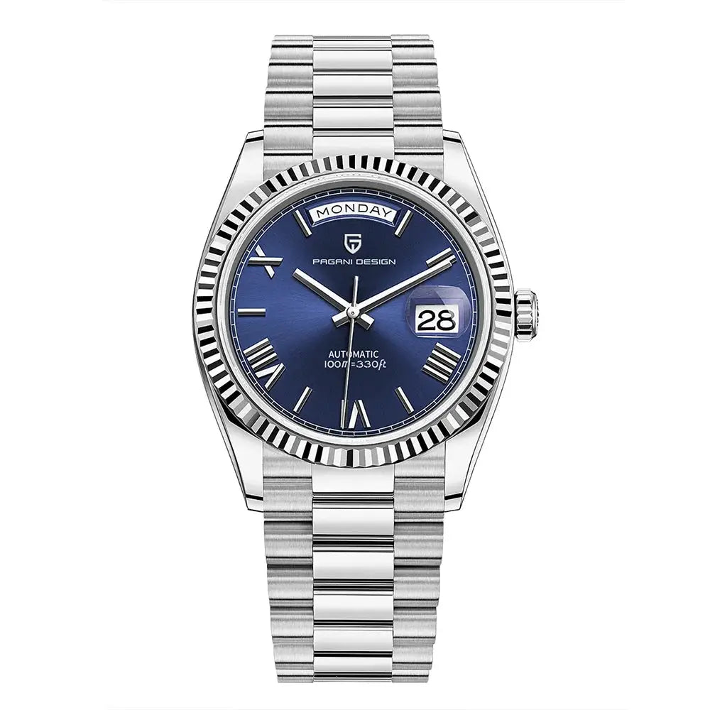 Pagani Design DD36 automatic men's watch with blue dial, day-date window, 36mm, stainless steel bracelet