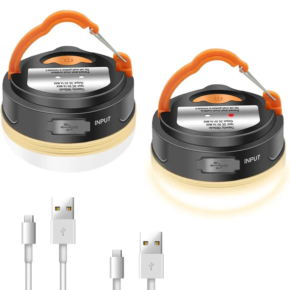 Simples Market 10W USB rechargeable camping lanterns, 1200mAh, orange handle, dual-pack with USB cables