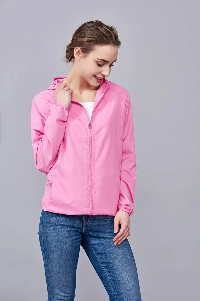 JNLN unisex pink hiking jacket with hood, front zipper, lightweight waterproof windbreaker rain coat.