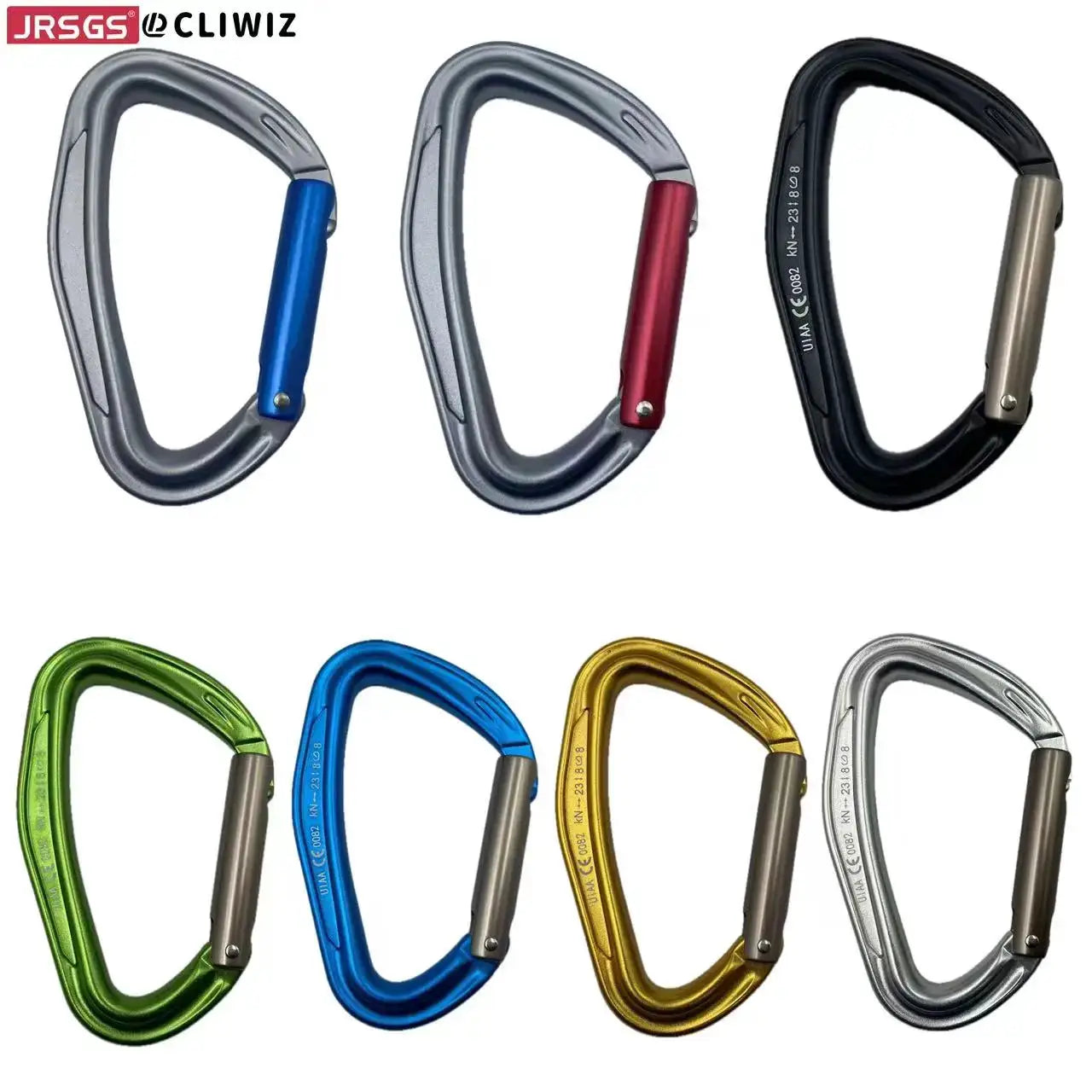 ClIWIZ SGM7118 curved D-type aluminum climbing carabiners, Simples Market, UIAA/CE certified, set of eight in assorted colors