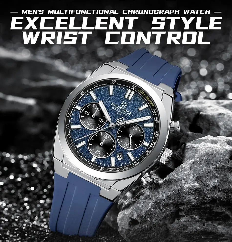 NAVIFORCE men's watch with blue dial, silicone strap, chronograph subdials, luminous hands, 30m water resistant