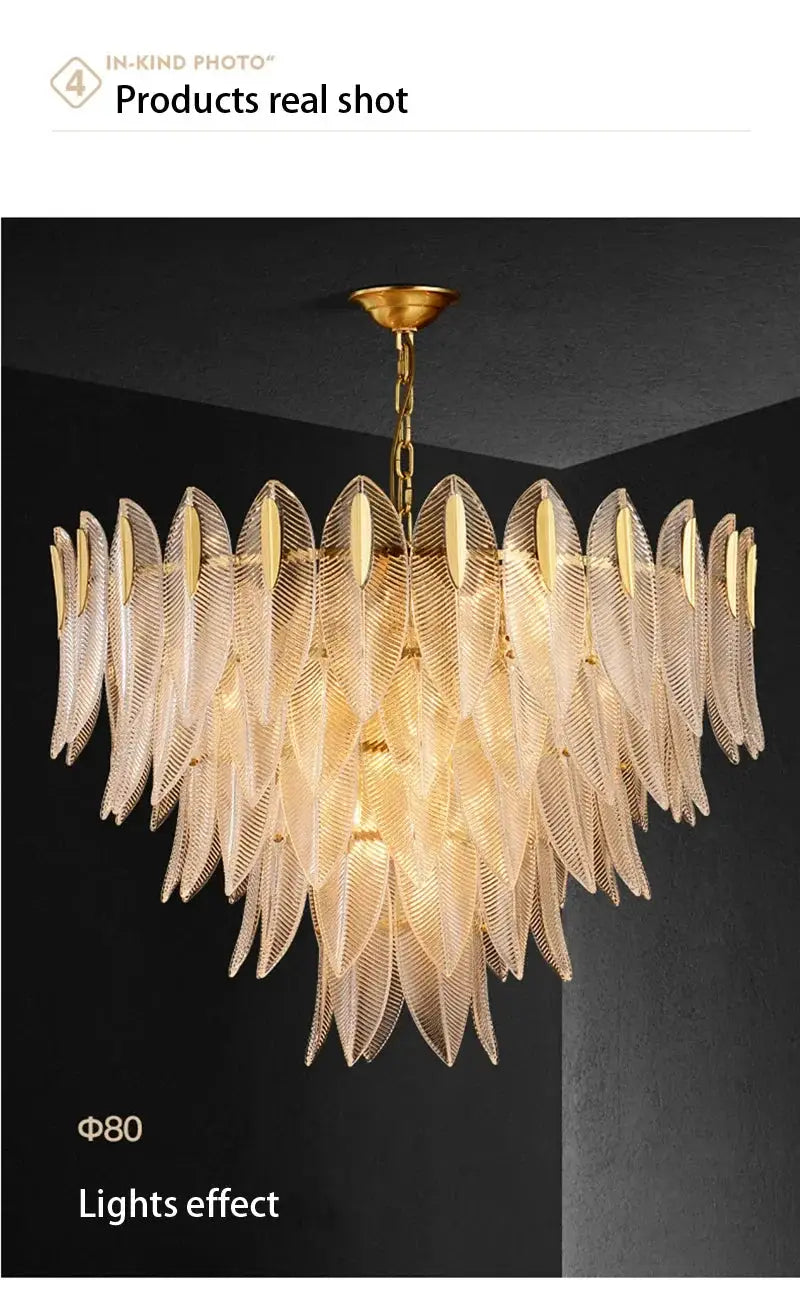 Glass chandelier pendant lamp with gold finish and leaf-shaped glass panels by Simples Market