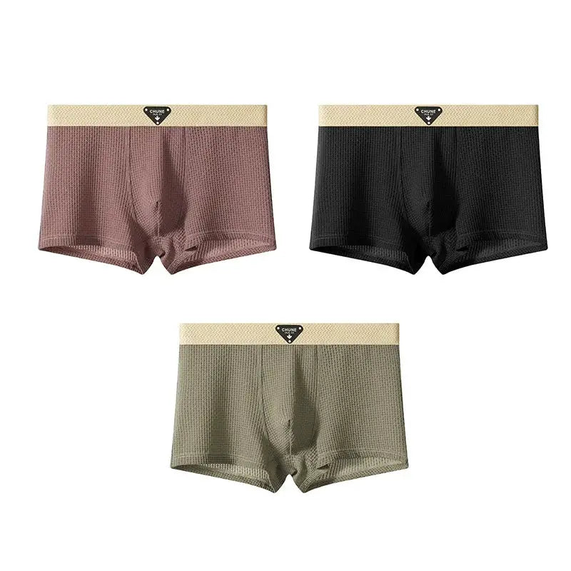 Men's boxer briefs set of 3 by Simples Market in mauve, black and olive with beige elastic waistbands.