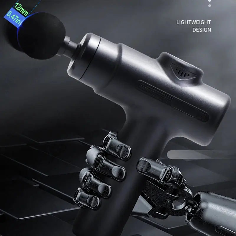 Simples Market electric deep tissue massage gun with 8 interchangeable heads, black, lightweight portable device.