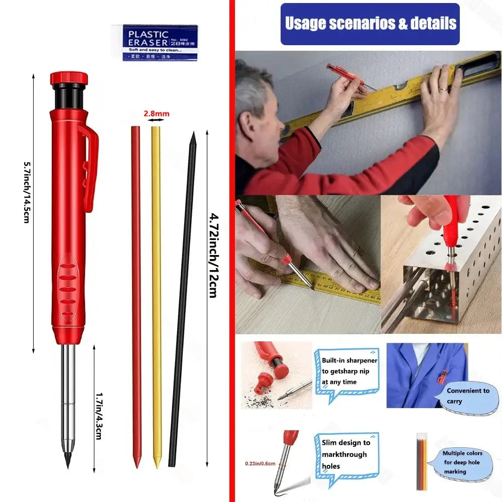 Simples Market carpenter mechanical pencil set with red grip, three colored refills red yellow black and sharpener