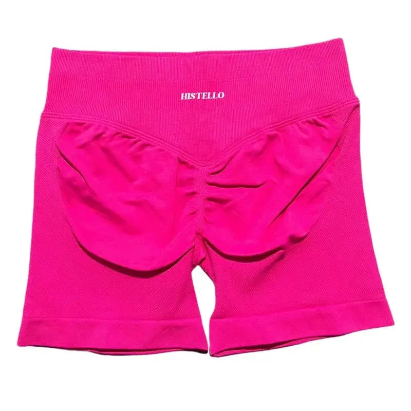 HISTELLO pink seamless scrunch sports shorts for women, low waist, breathable gym yoga wear