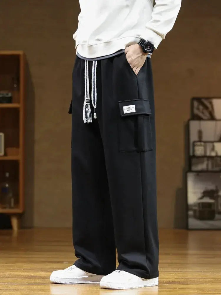 Men's cotton multi-pocket cargo sweatpants by Simples Market with drawstring, black, size 8XL