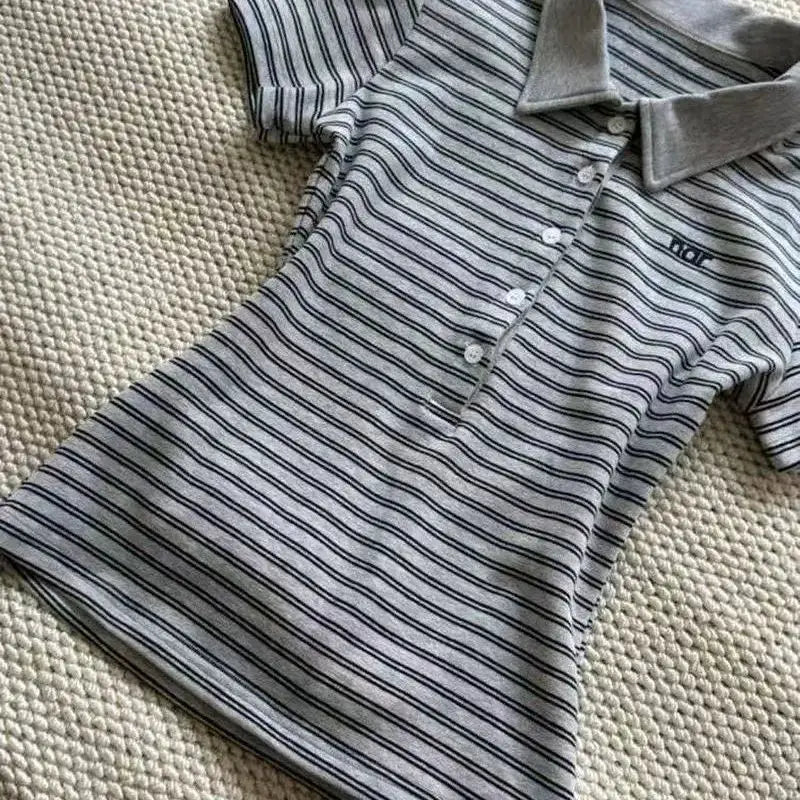 Deeptown Vintage Striped Polo Shirt Women Retro 90s Preppy Style