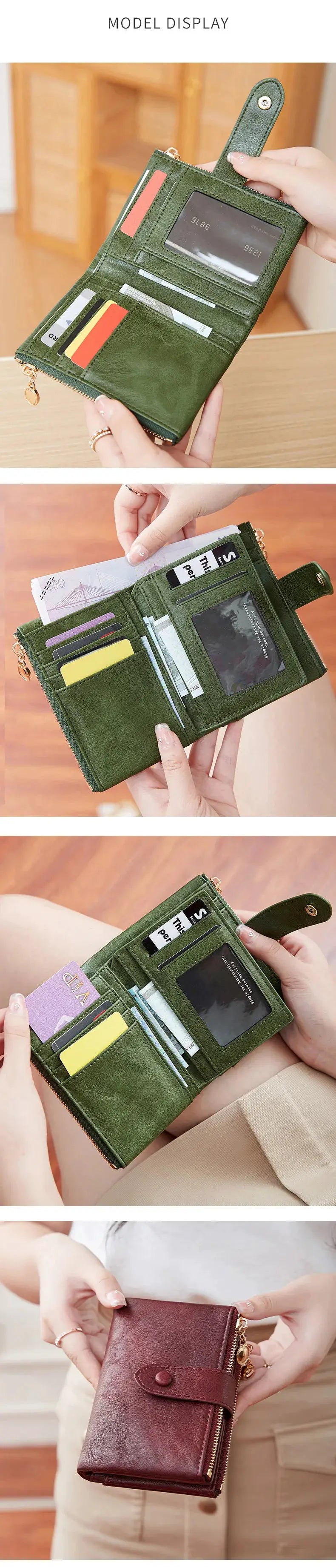 Two Simples Market minimalist women's wallets in green and burgundy leather; three-layer, large-capacity, double zipper.