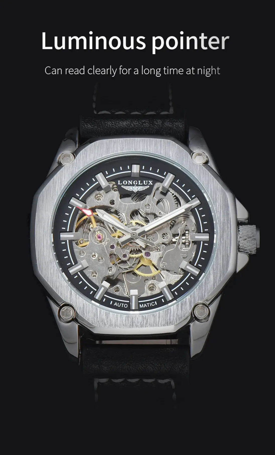Longlux men's skeleton automatic watch with black leather strap and brushed stainless-steel case
