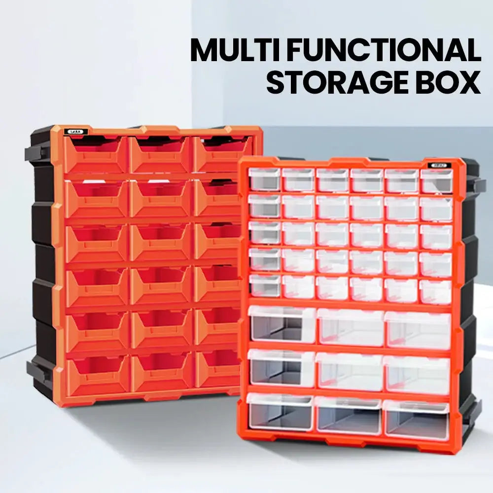 AIRAJ 18/39/60 Drawer Multi-functional Parts Box, orange frame with transparent drawers, Simples Market