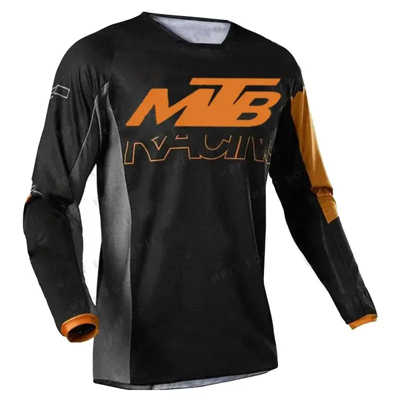 Motocross jersey, black with orange MB Racing logo and orange sleeve accents.