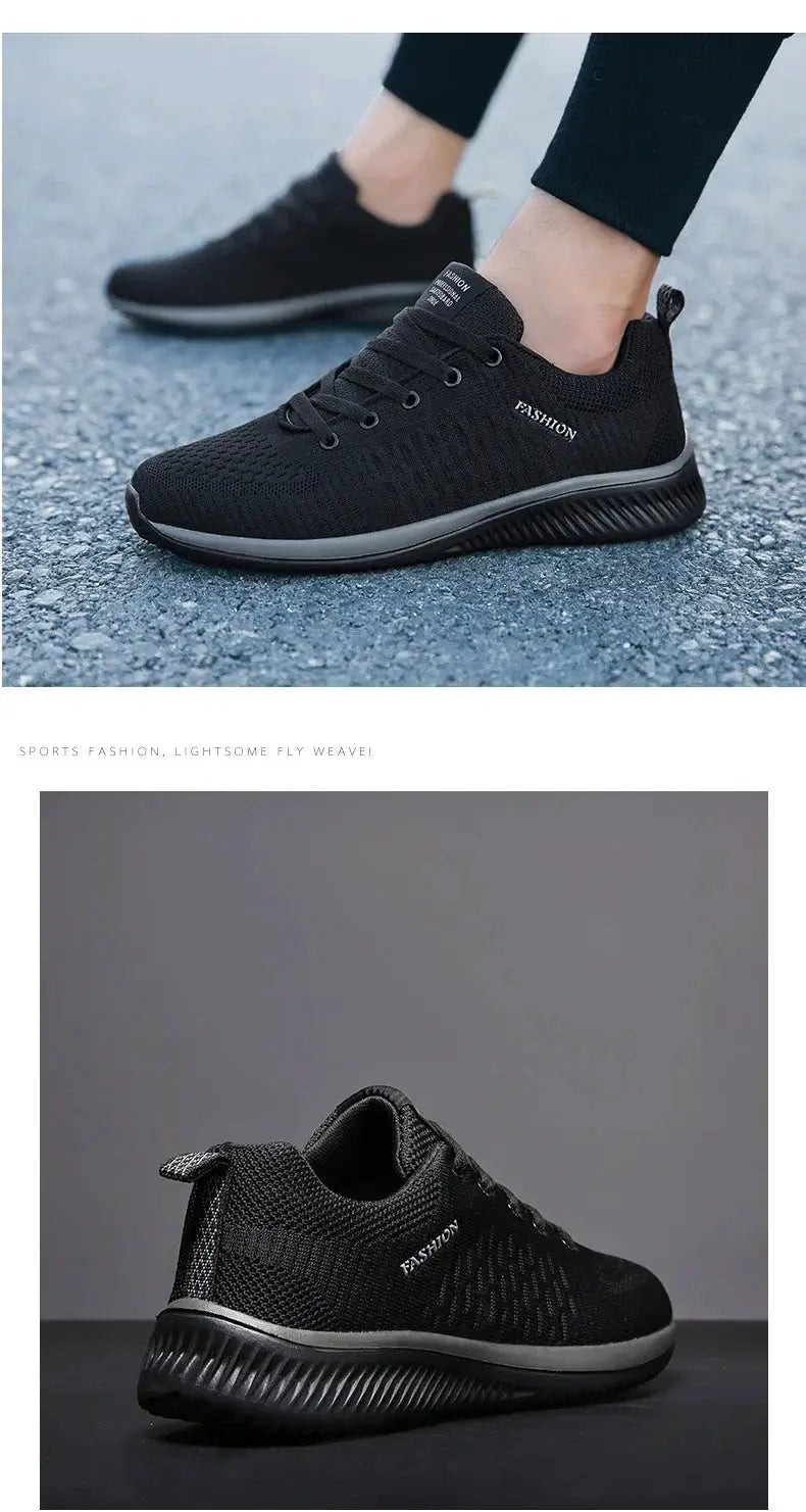 Black knit running sneakers with breathable mesh, gray sole, and FASHION branding