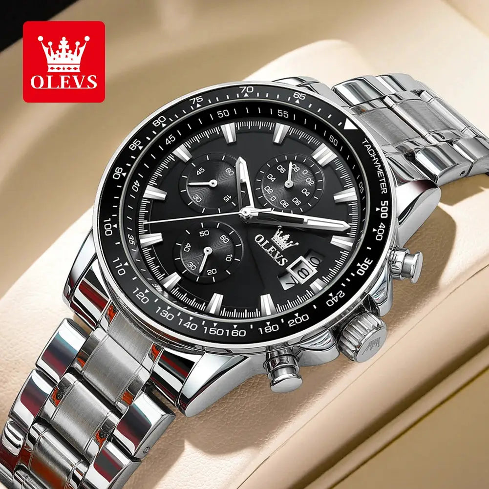 OLEVS TY705 men's stainless steel chronograph watch with black dial, silver bezel, and date window