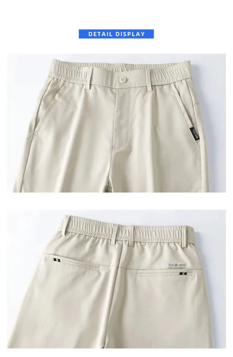 Beige men's stretch-cotton slim-fit casual trousers with belt loops and back pockets