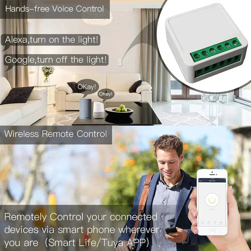 Simples Market mini 16A WiFi switch module, white enclosure, 2‑way control for Alexa/Google Home via Smart Life app