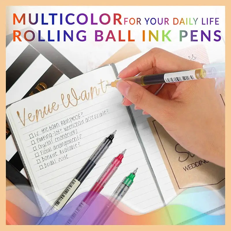 Multicolor gel pen set, 0.5mm tips, quick-drying ink, large-capacity, 10-color gel pens for school and office.