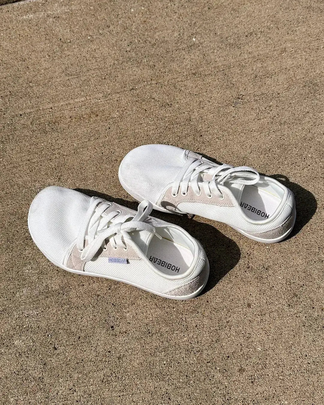 HOBIBEAR barefoot shoes, white mesh with beige suede accents, unisex minimalist trail runners