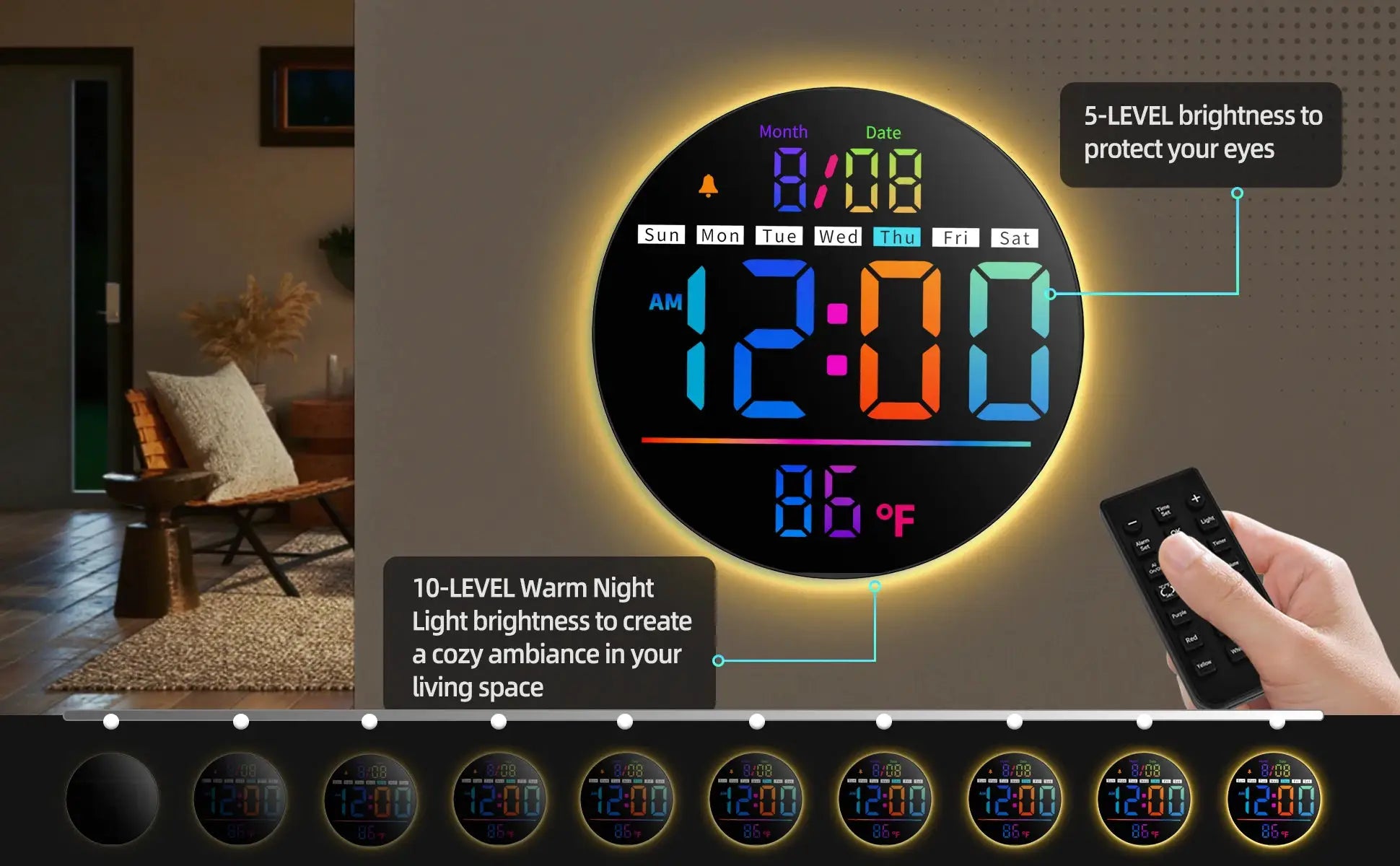 8-inch LED wall clock with timer, date, temperature, alarm, night light, RGB display and remote