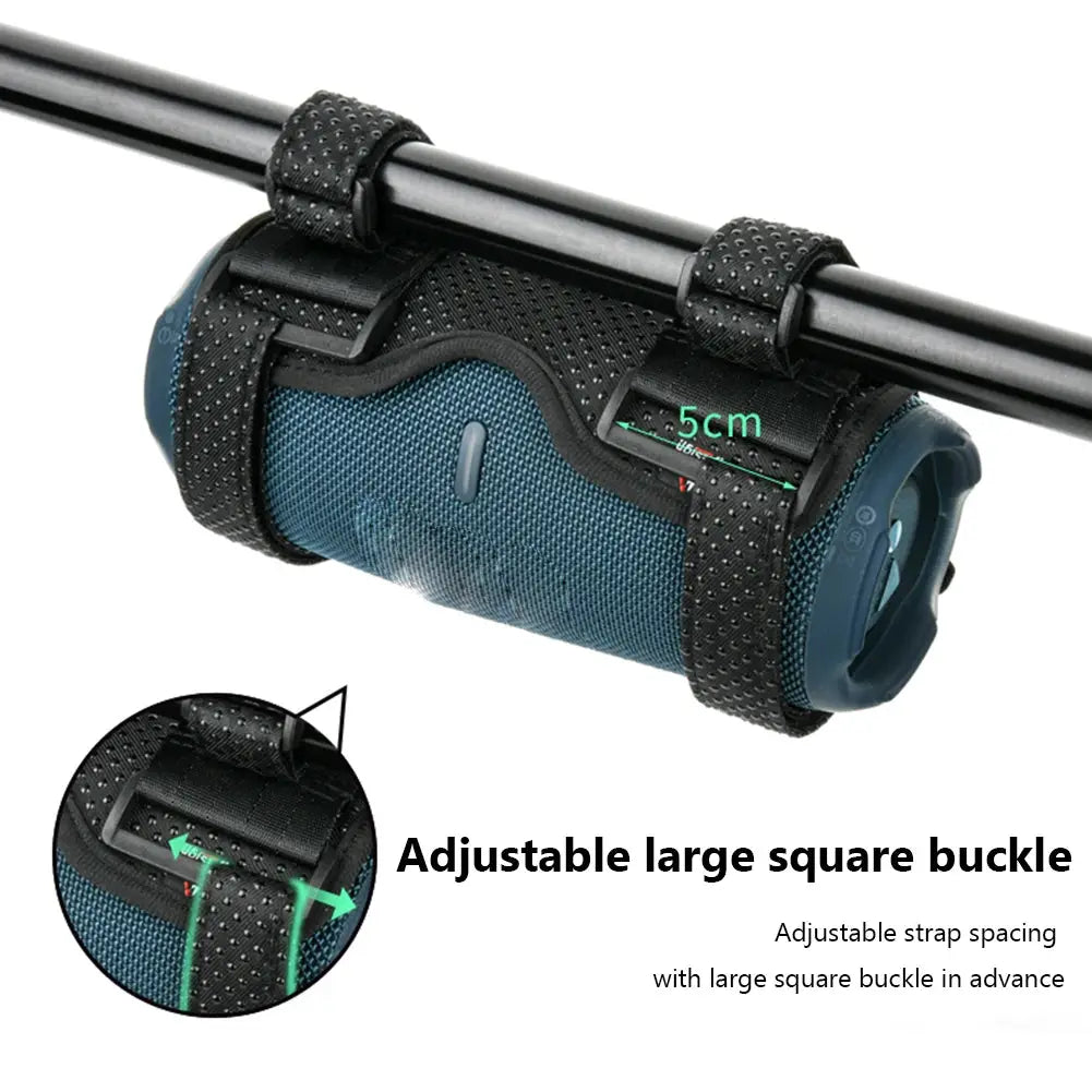 Speaker holder mount for bike/boat rails with adjustable straps and a large square buckle for JBL Flip 6/5 or Charge 5.