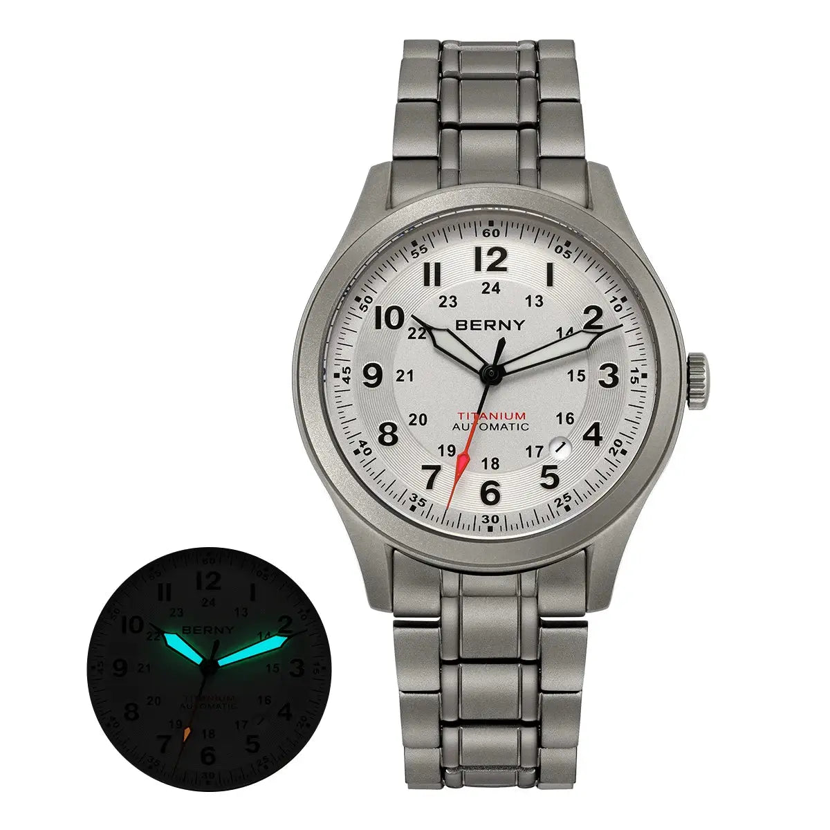 BERNY titanium automatic men's watch with silver dial, luminous hands, date window, and metal bracelet.