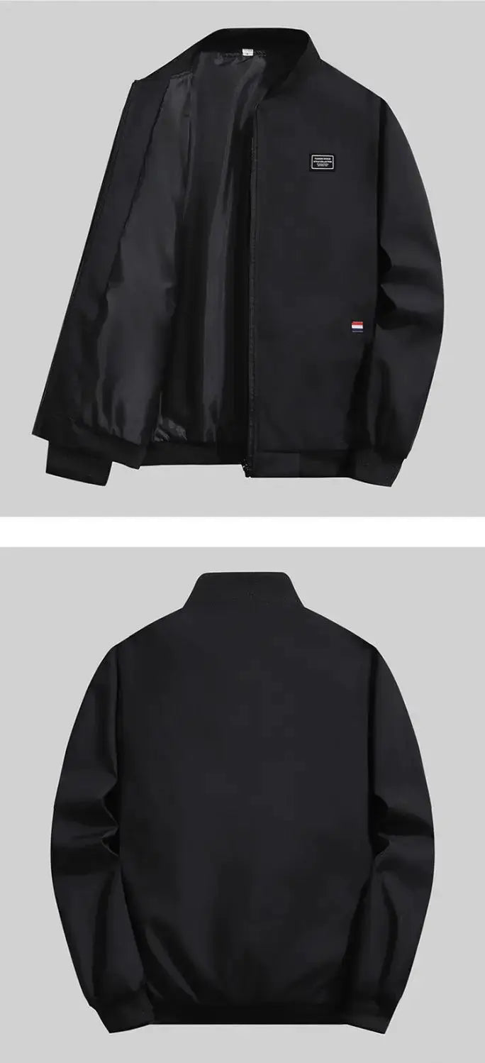 Men's black lightweight windbreaker jacket with zip front and chest logo patch