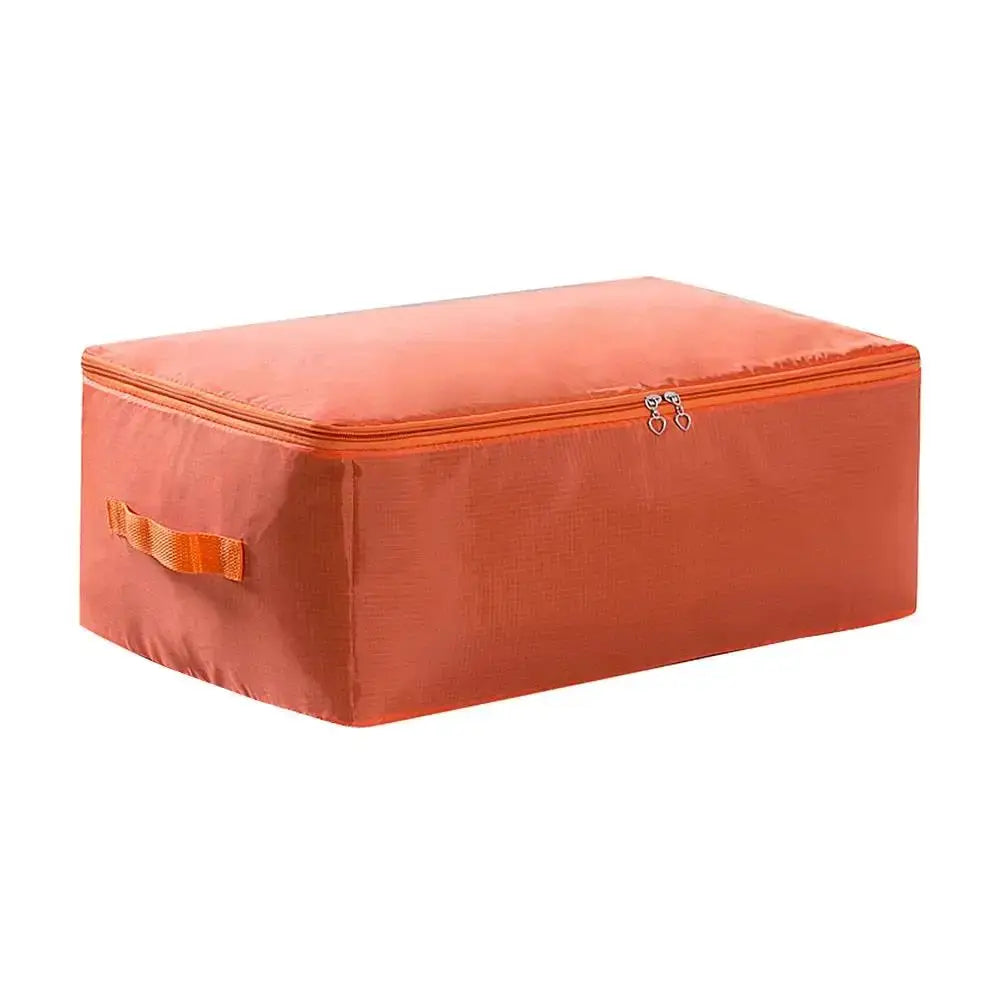 Large orange zipper clothes organizer bag with double zipper pulls and side carry handle, ideal for bedding storage.