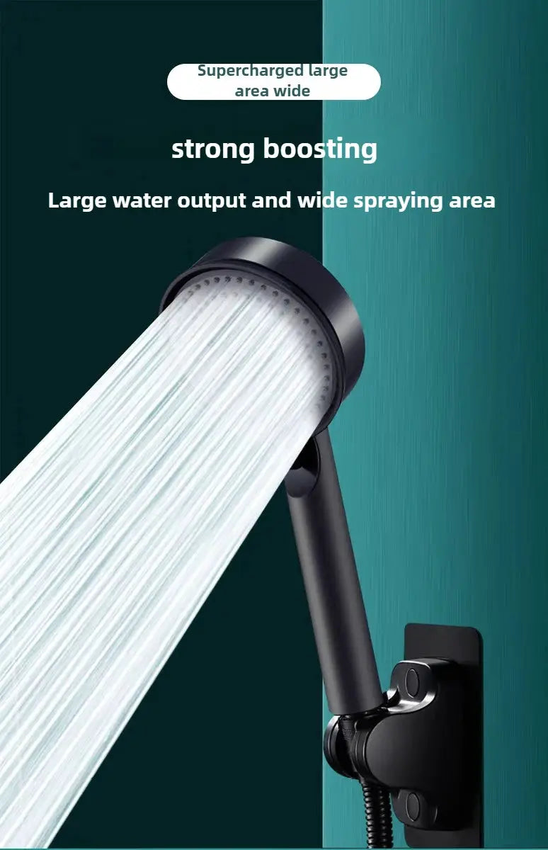 Black shower head with wall-mount bracket and flexible hose, high-pressure water spray.