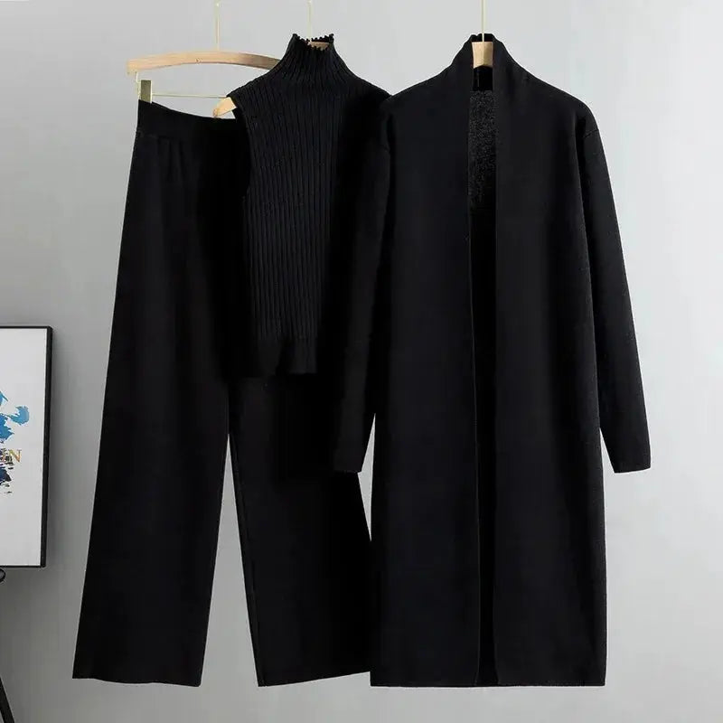 Spring Autumn 3 Piece Women Cardigan Tracksuit Set Knitted Pant Outfit With Turtleneck Vintage Fashion