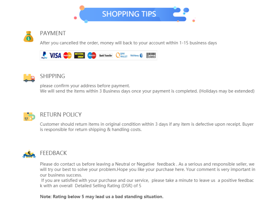 Shopping tips banner showing payment options, shipping details, return policy, and buyer feedback.