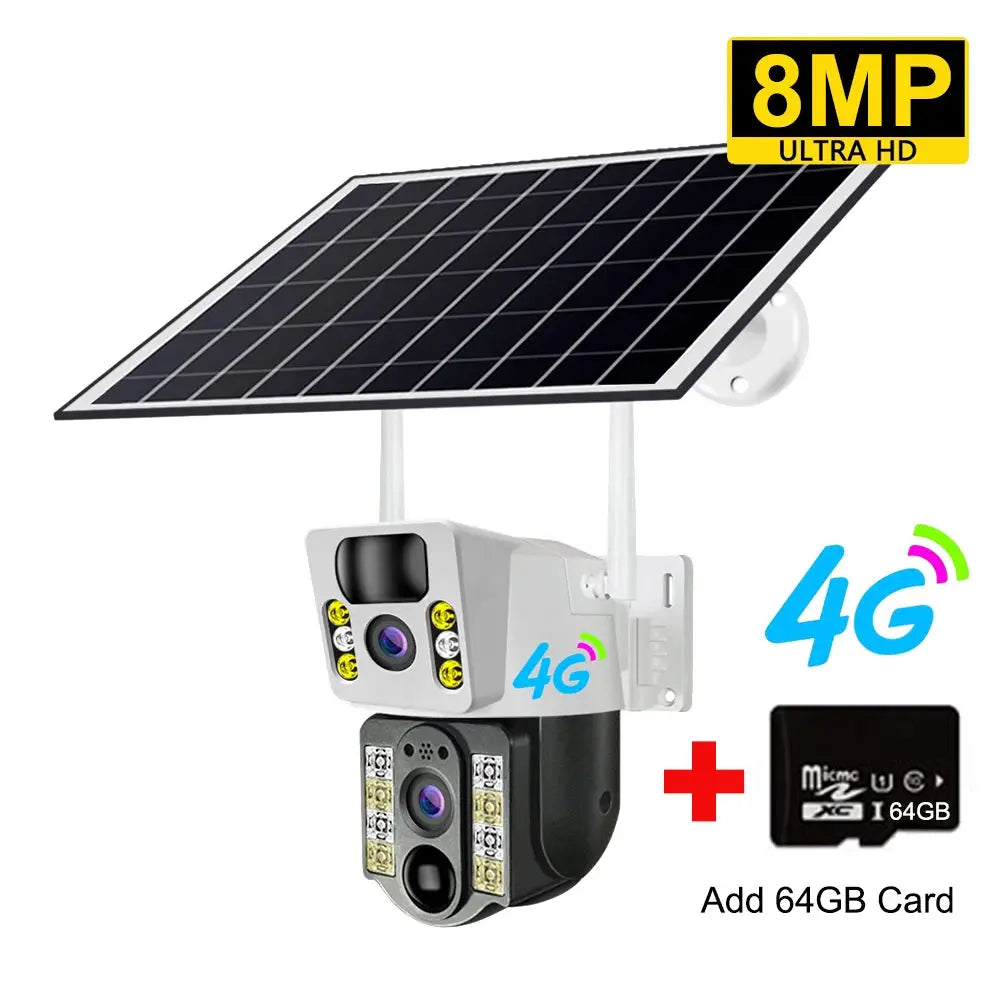 8MP 4K solar outdoor camera system with dual lenses and 4G SIM, plus 64GB microSD