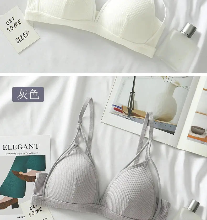 Bralette in gray and white by Simples Market; wire-free triangle cups with ribbed fabric and adjustable straps; two bras.