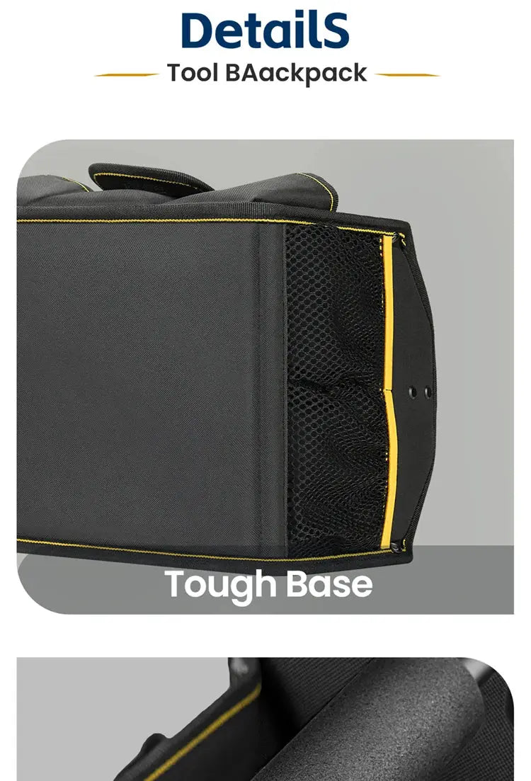 WINHUNT Tote Bag by Simples Market, black 10-pocket wide-mouth tool bag with yellow trim and mesh side pockets.