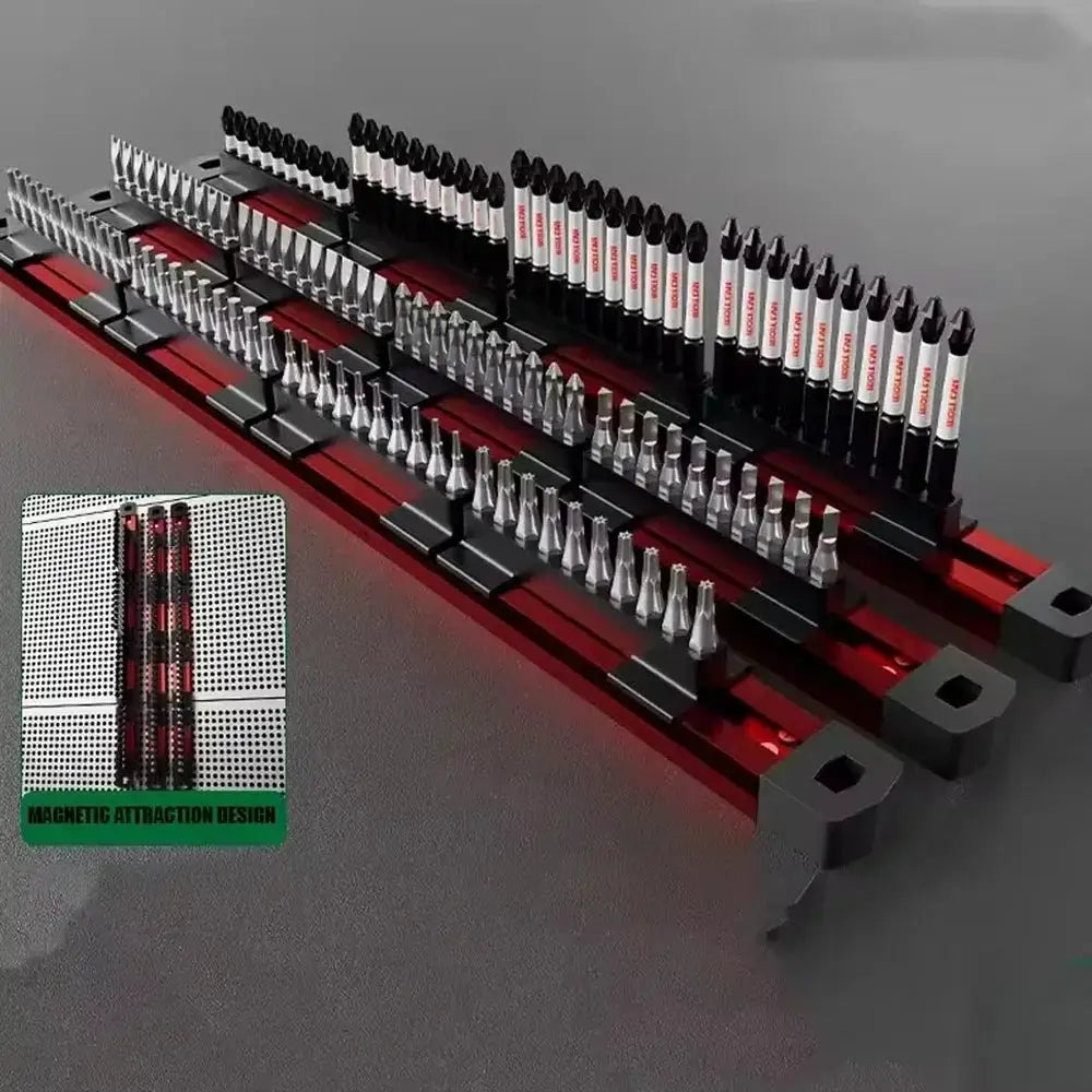 Magnetic screwdriver bit holder organizer with 40 slots, red and black metal base, displaying assorted screwdriver bits.