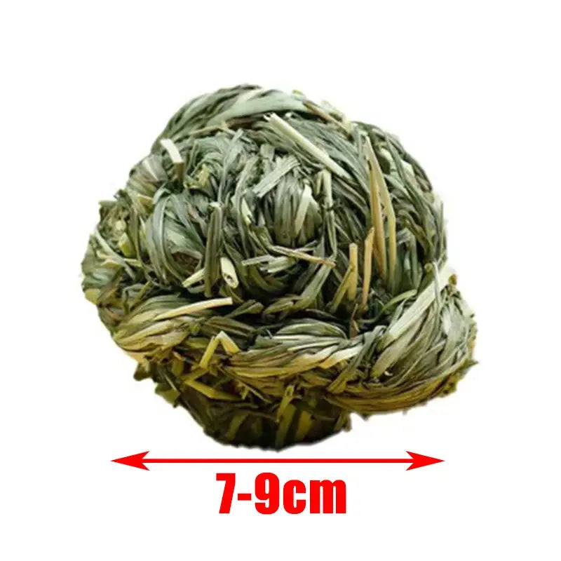 Natural wooden braided ball chew toy for small animals, greenish pine strands, 7–9 cm diameter