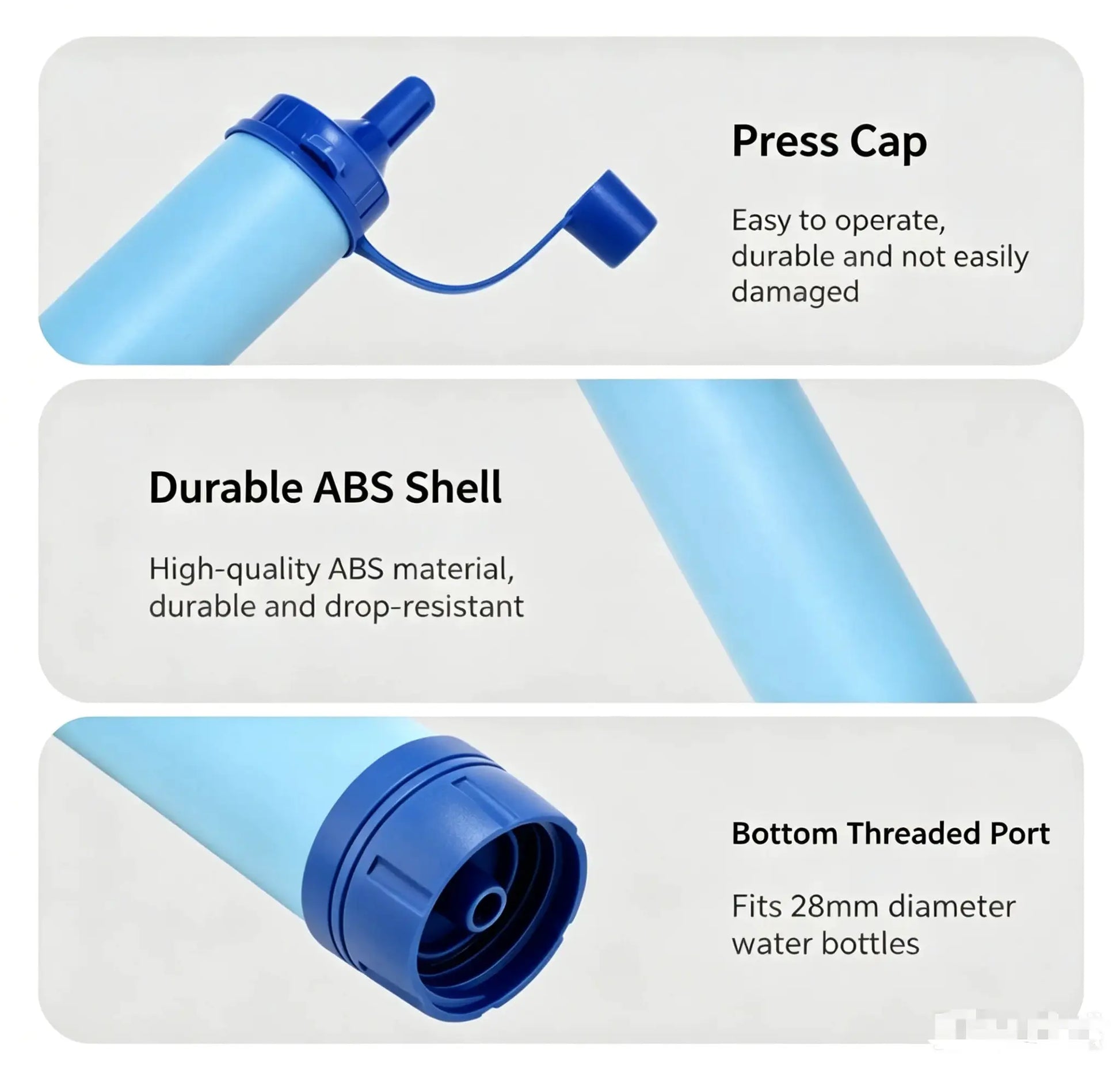Portable emergency water filter straw by Simples Market, blue ABS shell with press cap for camping and hiking