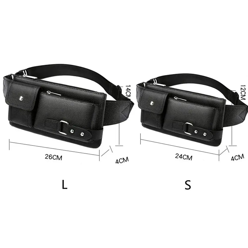 Simples Market leather waist bag set, black fanny pack with multiple pockets, two sizes (L and S)
