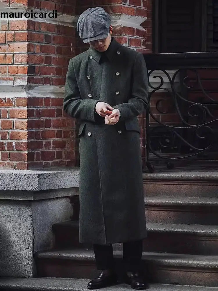 Mauroicardi green wool-blend double-breasted long men's overcoat