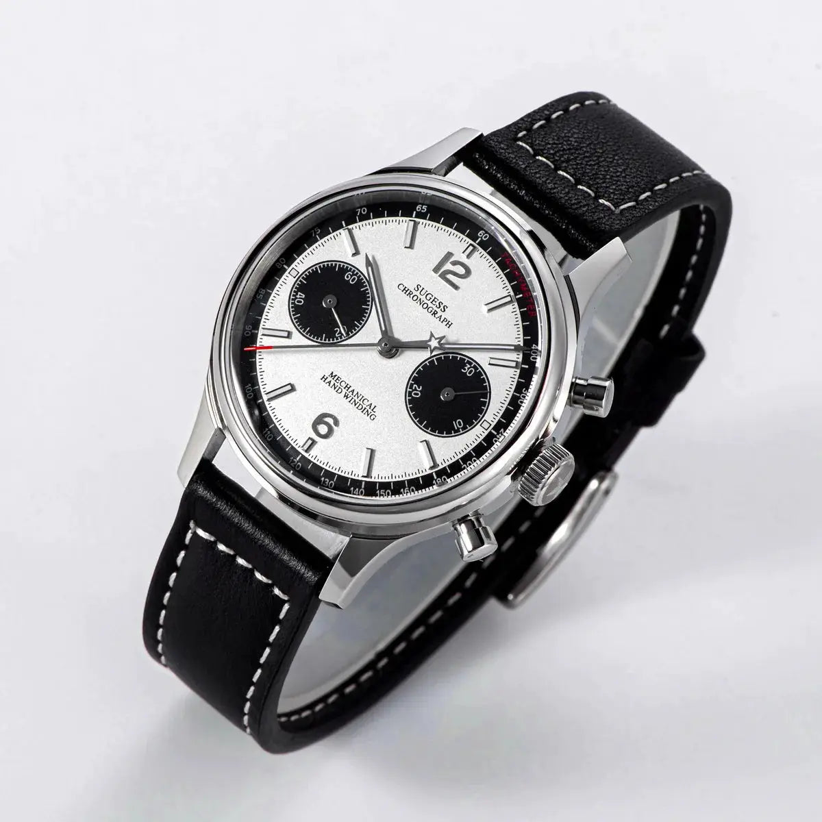 Sugess 1963 Pilot Panda chronograph watch with stainless steel case and black leather strap
