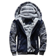 Men's hooded camouflage-sleeve jacket with navy body and grey fleece lining, thick winter coat