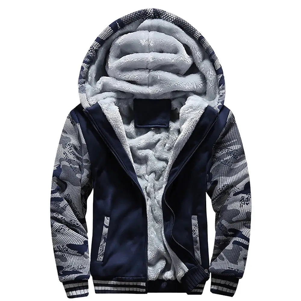 Men's hooded camouflage-sleeve jacket with navy body and grey fleece lining, thick winter coat