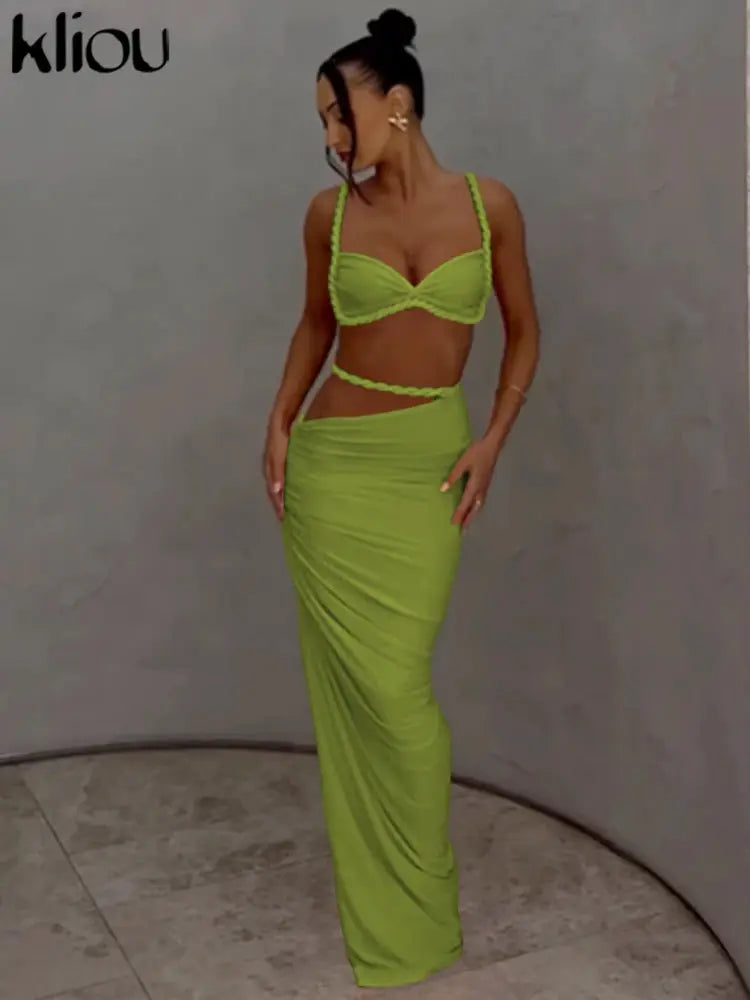 Kliou Woven Sexy Women Two Piece Set With Pleated Crop Camisoles And High Waist Maxi Skirt Contouring Stretch Fabric