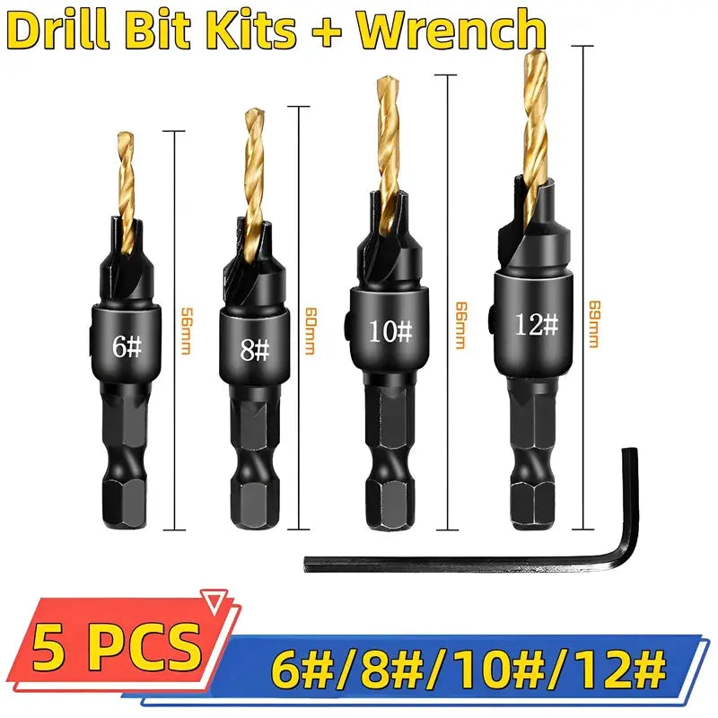 5 Piece Countersink Drill Bit Set For Woodworking With Pilot Holes For Screw Sizes 5 6 8 10 12