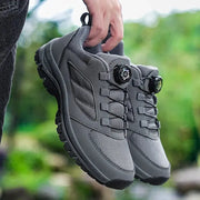 Men's Simples Market gray outdoor hiking shoes with rotating dial buckle and anti-slip outsole.