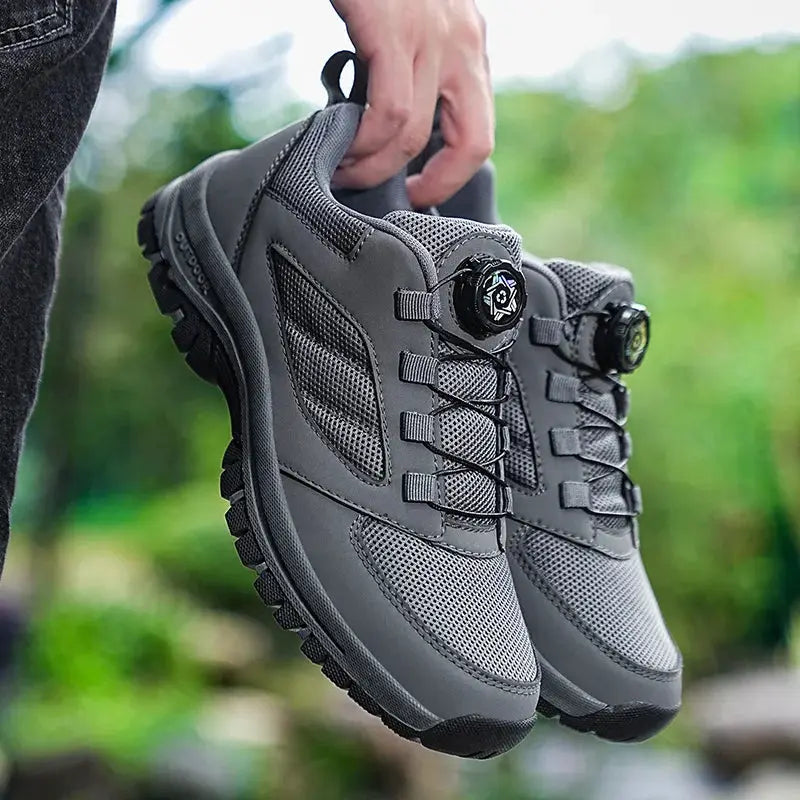 Men's Simples Market gray outdoor hiking shoes with rotating dial buckle and anti-slip outsole.