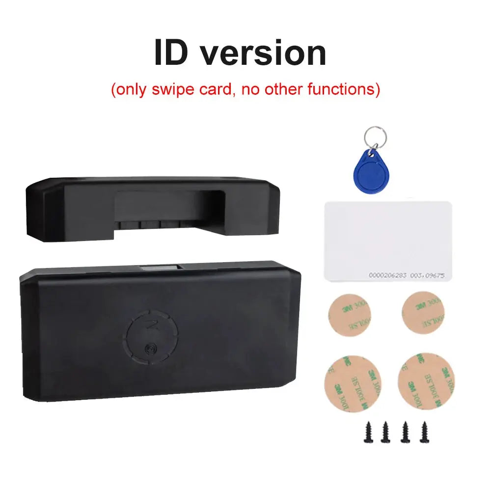 Tuya NFC keyless smart drawer lock kit, black plastic; includes white access card, blue fob, 5 adhesive pads and 4 screws