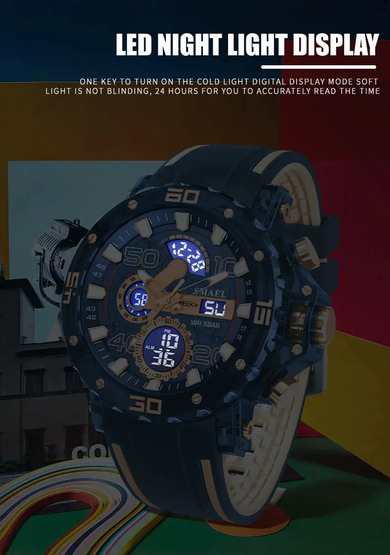 SMAEL men's blue military sports watch with LED night display and digital dial