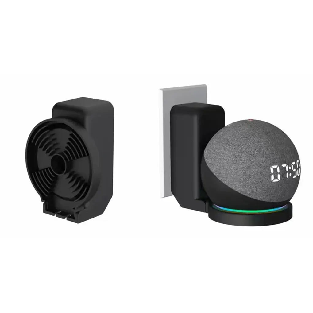 Simples Market Echo Dot wall mount bracket with cord management; black mount and gray Echo Dot 4/5/3rd Gen.