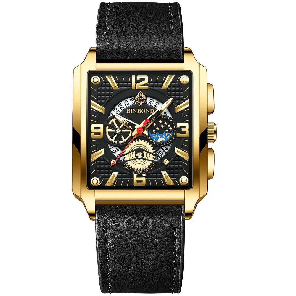 BINBOND men's gold-tone square watch with black dial, leather strap, and subdial indicators
